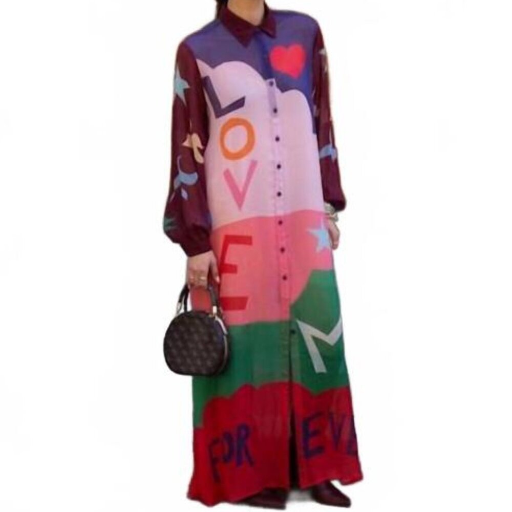 Me369 Francine Shirt Dress Love Graphic Print Long Sleeve NWT - Size XS/S